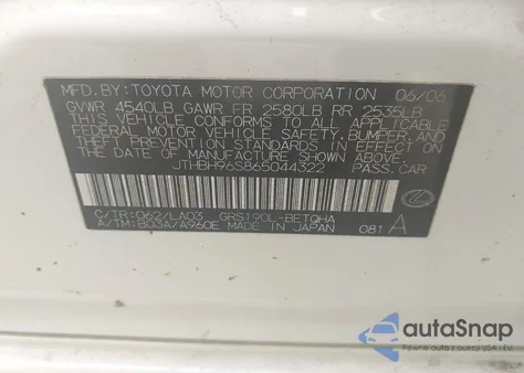 2006 Lexus Gs 300 z USA, uszkodzony, nr VIN JTHBH96S865044322